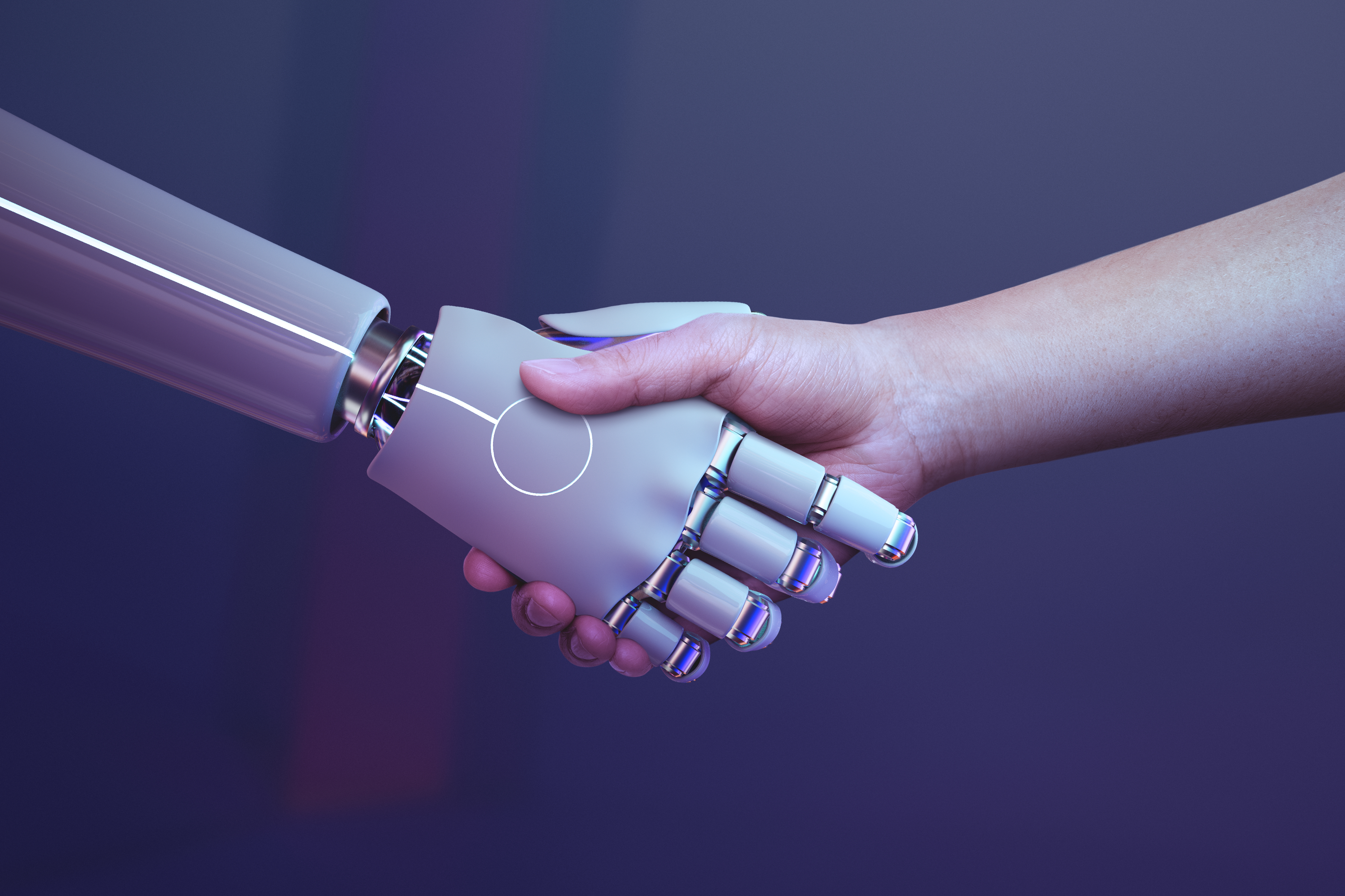 Robot et humain collaborant dans un environnement digital futuriste